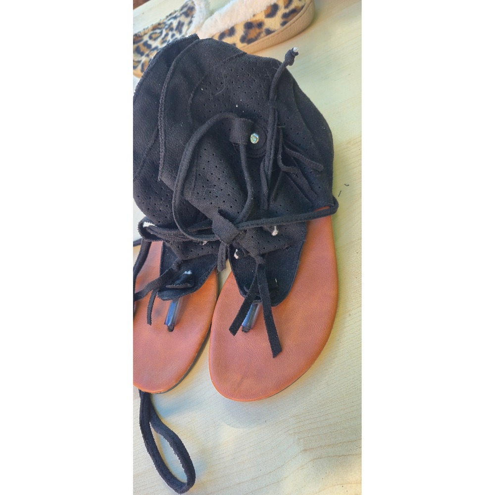 Boho Black‎ Faux Suede Fringe Gladiator Thong Sandals Lace Up Ankle Wrap Size 39